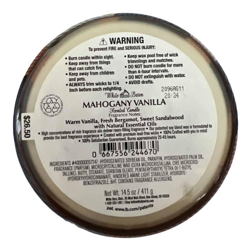 🆕 White Barn 3 Wick Candle Mahogany Vanilla - Picture 3 of 3